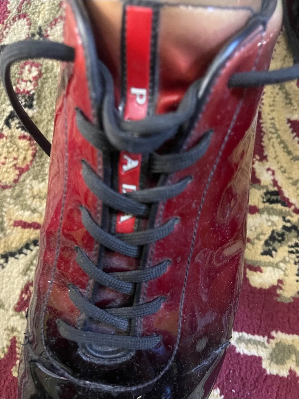 Men's Prada Red to Black Gradient Patent Lace-Up Shoes